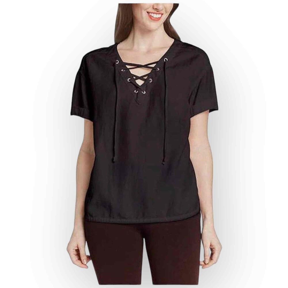 Matty M Lace-Up V-Neck Blouse - Elegant Black, Versatile Chic - 796M